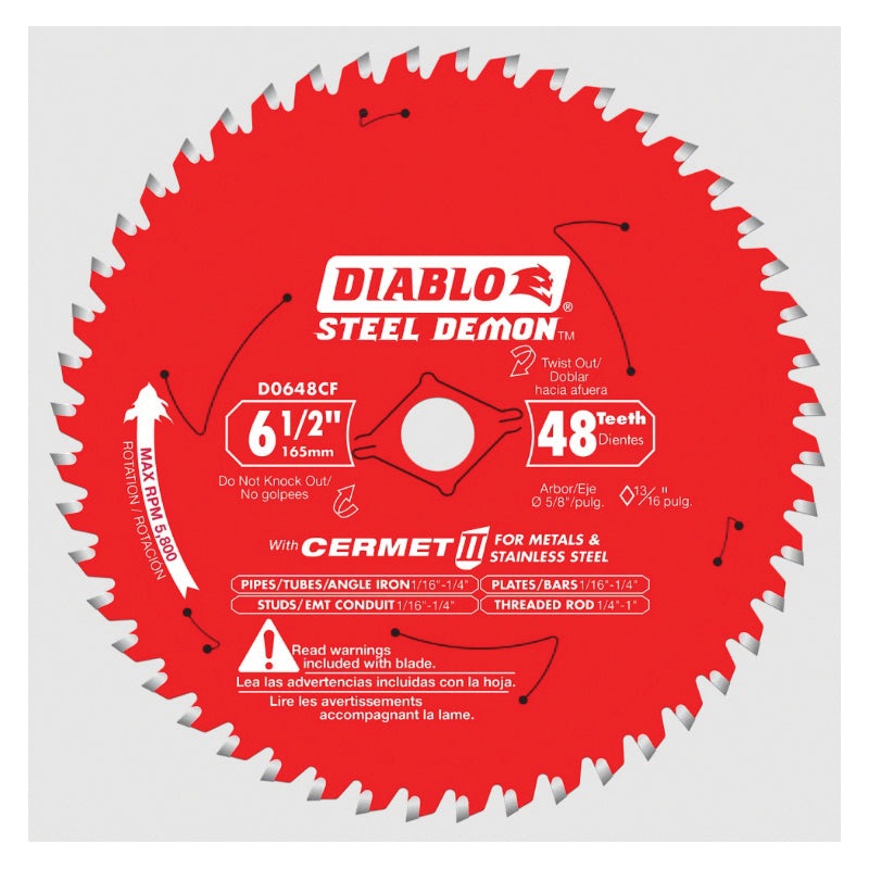 DIABLO Steel Demon D0648CFA Saw Blade, 6-1/2 in Dia, TCG Teeth, 48-Teeth, 0 deg Hook, 5/8 in Arbor, 5800 rpm Max Speed