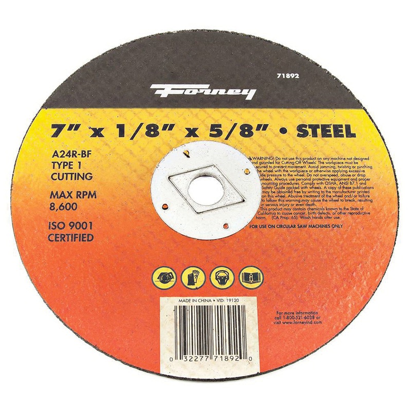 Forney 71892 Cut-Off Wheel, Type 1 Wheel, 7 in Dia, 1/8 in Thick, 5/8 in Arbor, 24 Grit, Coarse Grit