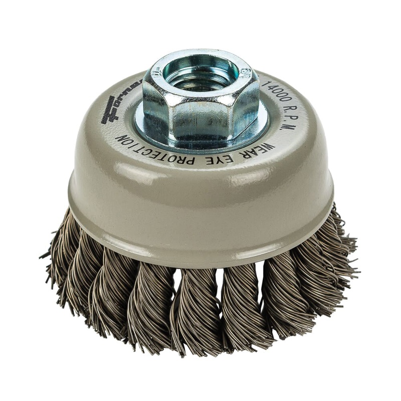 Forney Command PRO 72830 Knotted Cup Brush, 2-3/4 in Dia Brush, 5/8-11 Arbor, Steel Bristle