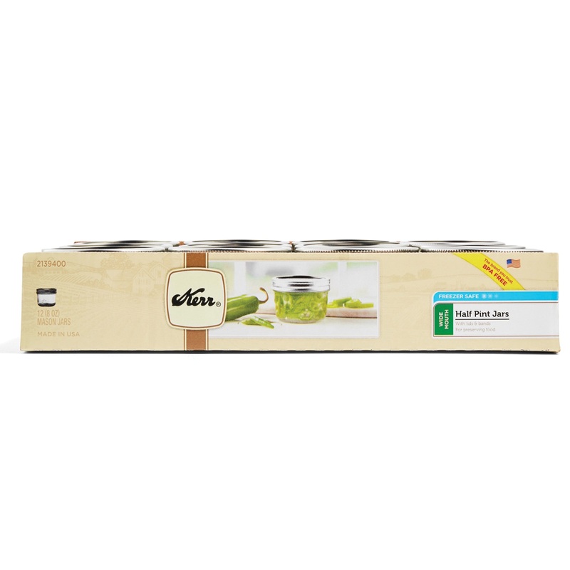 Kerr 2139400 Mason Jar, 0.5 pt Capacity, Tempered Glass Jar, Canning Lid, Metal Lid