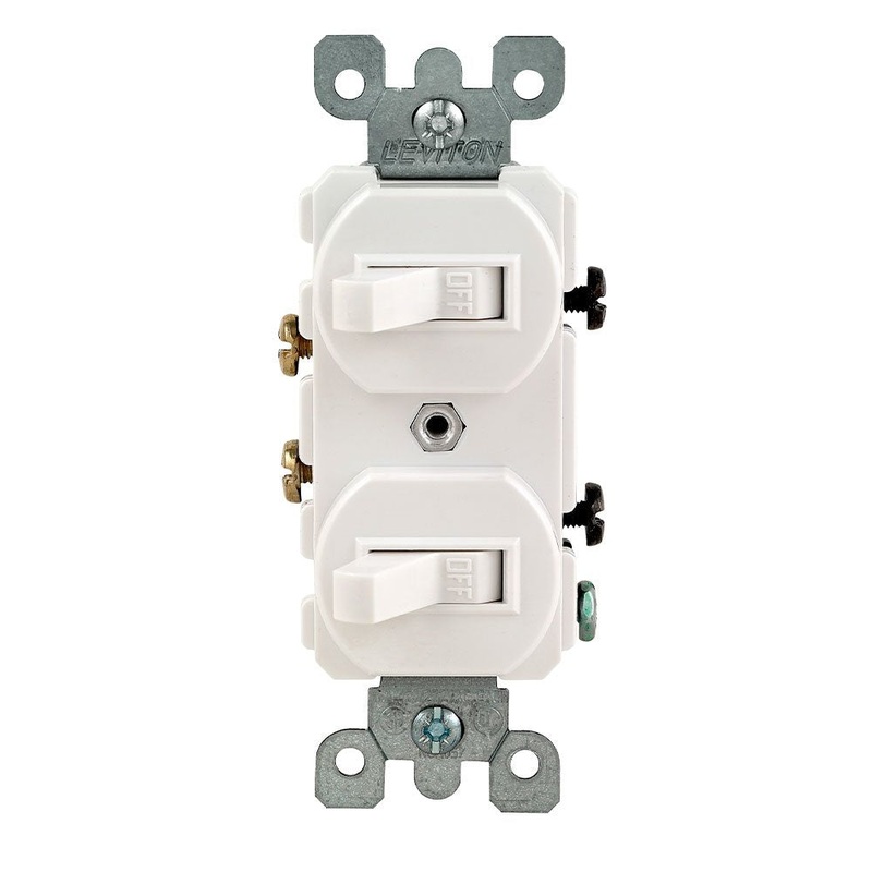 Leviton 5224-2W Duplex Combination Switch, 120/277 VAC, 15 A, 2 -Switch, Toggle, Side Wired Terminal, White Housing