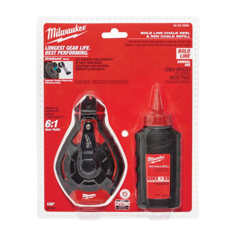 Milwaukee 48-22-3986 Chalk Reel, 100 ft L Line, Bold Line, Gear Rewind, Rubber Housing
