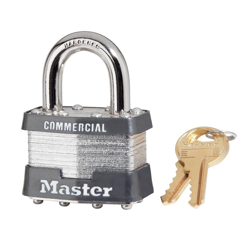 Master Lock 1KA#2265 Laminated Padlock, 5/16 in Dia Shackle, Dual Ball Bearing Locking Mechanism, Steel, Gray