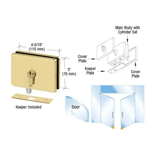 CRL EUR680BR Polished Brass European EUR Series Glass Mounted Patch Lock With Keeper Plate