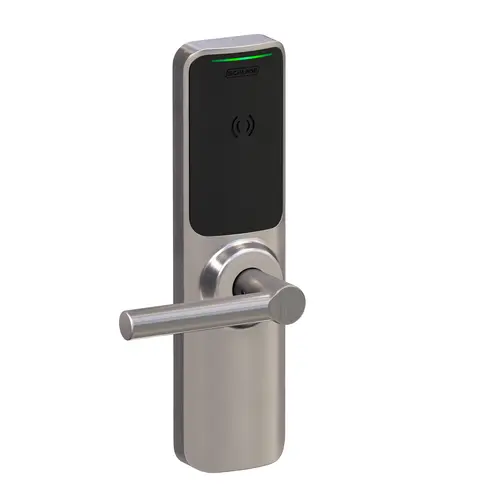 Schlage Electronics XE360EW22ROFISMP6BRW619 XE360 Series Wireless Exit Trim with Wide Escutcheon for Von Duprin 22 Rim Device, Offline Indicator Function with Smart Mobile Reader, Broadway Lever, and 6 Pin C Keyway Satin Nickel Finish