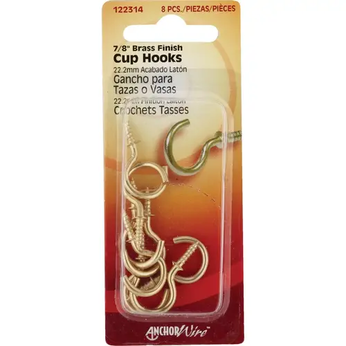 Hillman 122314 7/8 In. Brass Anchor Wire Cup Hook (8 Count)