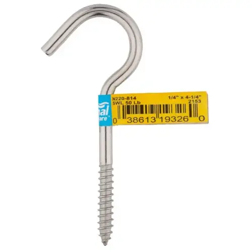 National Hardware N220-814 2153BC Series Screw Hook, 1/4 in Opening, 4-1/4 in L, Stainless Steel, Zinc