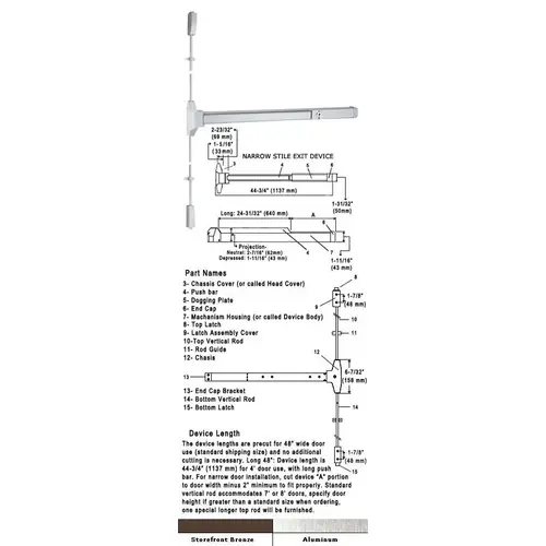 International Door Closers 8530S/8730S-US10B-48 Narrow Stile Design Surface Rod Panic Exit Device 48" Dark Oxidized Satin Bronze