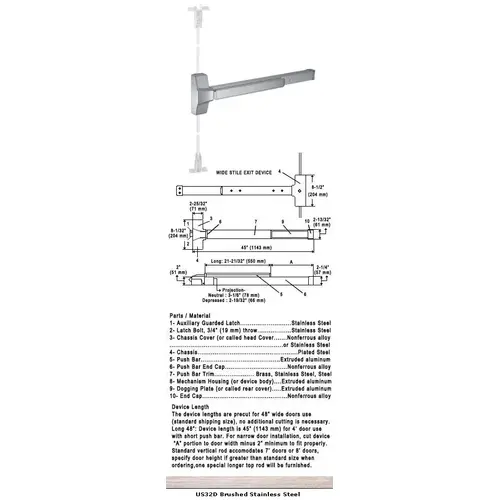 International Door Closers 8650F/8850F-US32D-48 Grade 1 Fire Rated CVR Panic Exit Device US32D Finish 48" Satin Stainless Steel