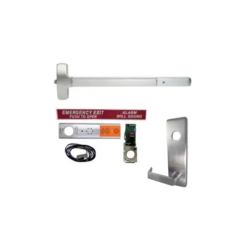 Falcon Lock EA-F25R-L-DAN-US26D-36-LHR KIT - Exit Alarm, Fire Rated Rim Exit Device, Escutcheon x Dane Lever Trim 510L, 36", Less Dogging, LHR Left Hand Reverse/Reversible, Grade 1, US26D/626 Satin Chrome