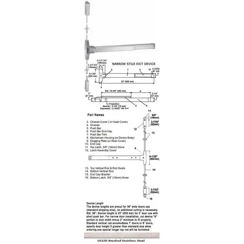 International Door Closers 8530F/8730F-US32D-36 Grade 1 Fire Rated Narrow Stile Surface Mount Panic US32D Finish 36" Satin Stainless Steel