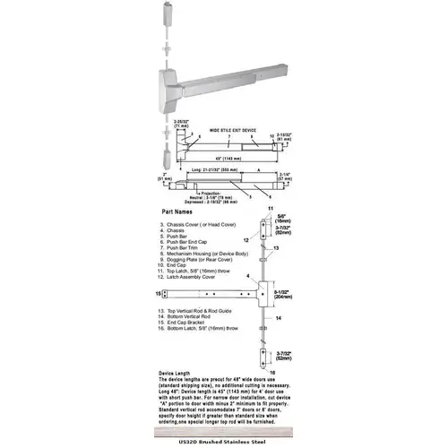 International Door Closers 8630S/8830S-US32D-48 Grade 1 Surface Rod Panic Exit Device US32D Finish 48" Satin Stainless Steel