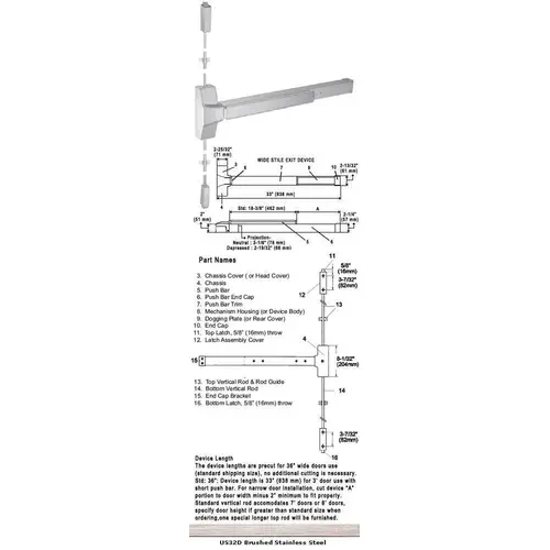 International Door Closers LBR8630S/8830S-US32D-36 Grade 1 Surface Rod Panic Exit Device US32D Finish 36" Satin Stainless Steel