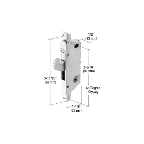 Adams Rite E2187 1/2" Wide Stainless Steel Round End Face Plate Mortise Lock with 3-11/16" Screw Holes for Doors - 45 Degree Keyway