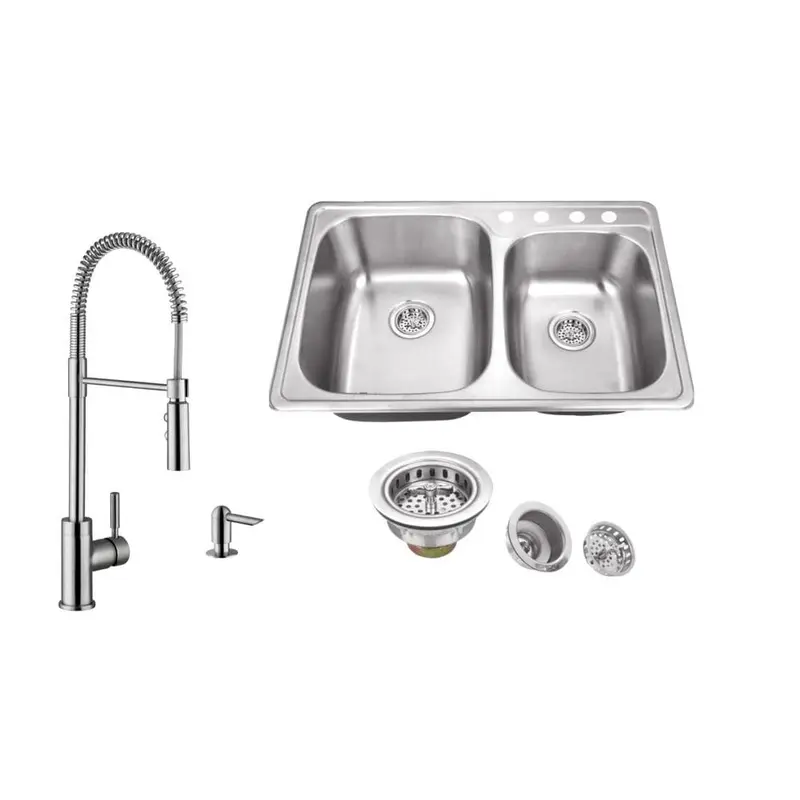 All-In-One Stainless Steel 33-1/4 in. 4-Hole Double Bowl Drop-In Kitchen Sink in Brushed Stainless with Kitchen Faucet20 / each