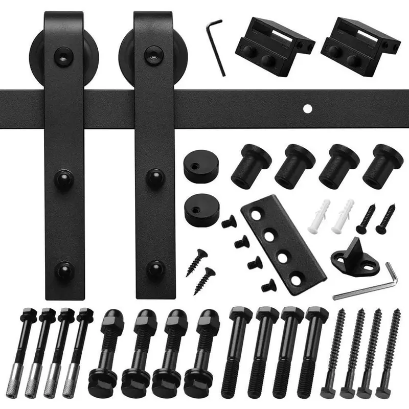 6 ft./72 in. Black Steel Bent Strap Sliding Barn Door Track and Hardware Kit for Single Door with Floor Guide