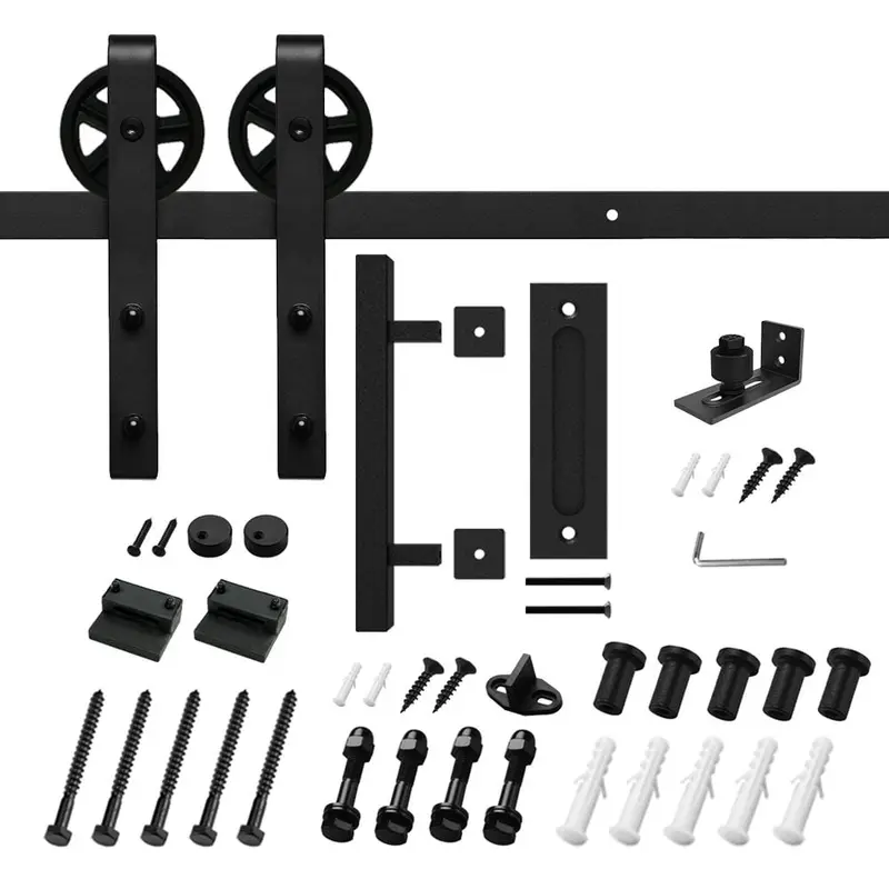 6.6 ft./79 in. Black Steel Strap Sliding Barn Door Track and Hardware Kit with 12 in. Cylinder Handle and Floor Guide