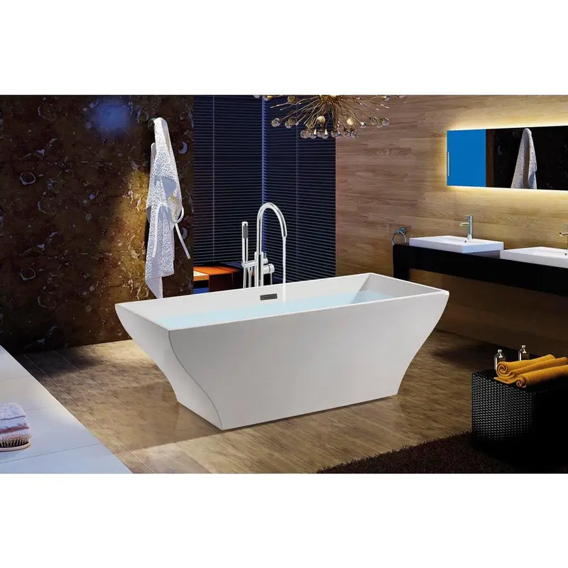 67 in. Fiberglass White Acrylic Tub for Bathtub with Tub Filler Combo - Modern Flat Bottom Stand Alone Tub