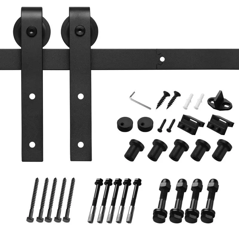 8 ft./96 in. Black Steel Bent Strap Sliding Barn Door Track and Hardware Kit for Single Door with Floor Guide