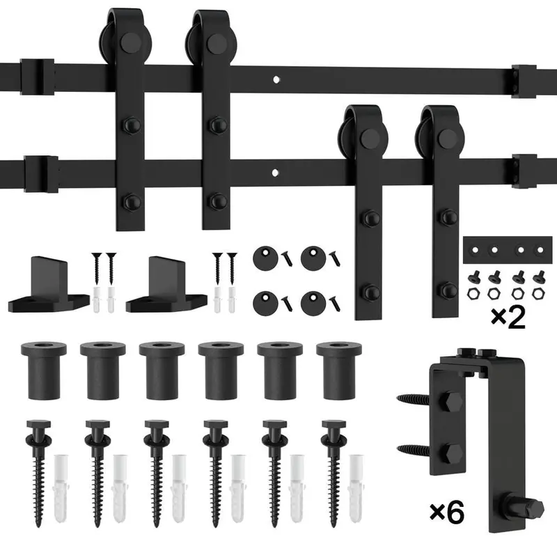 8 ft./96 in. Frosted Black Heavy-Duty Bypass Double Door Sliding Barn Door Hardware Classic Design Roller