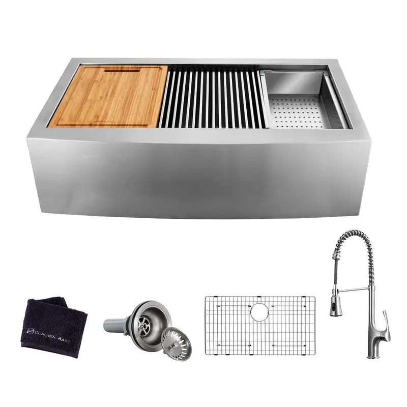 All-in-One Apron-Front Farmhouse Stainless Steel 33 in. Single Bowl Workstation Sink with Faucet and AccessoriesBrushed Stainless Steel / Sink, Faucet, and Accessories / 51.4