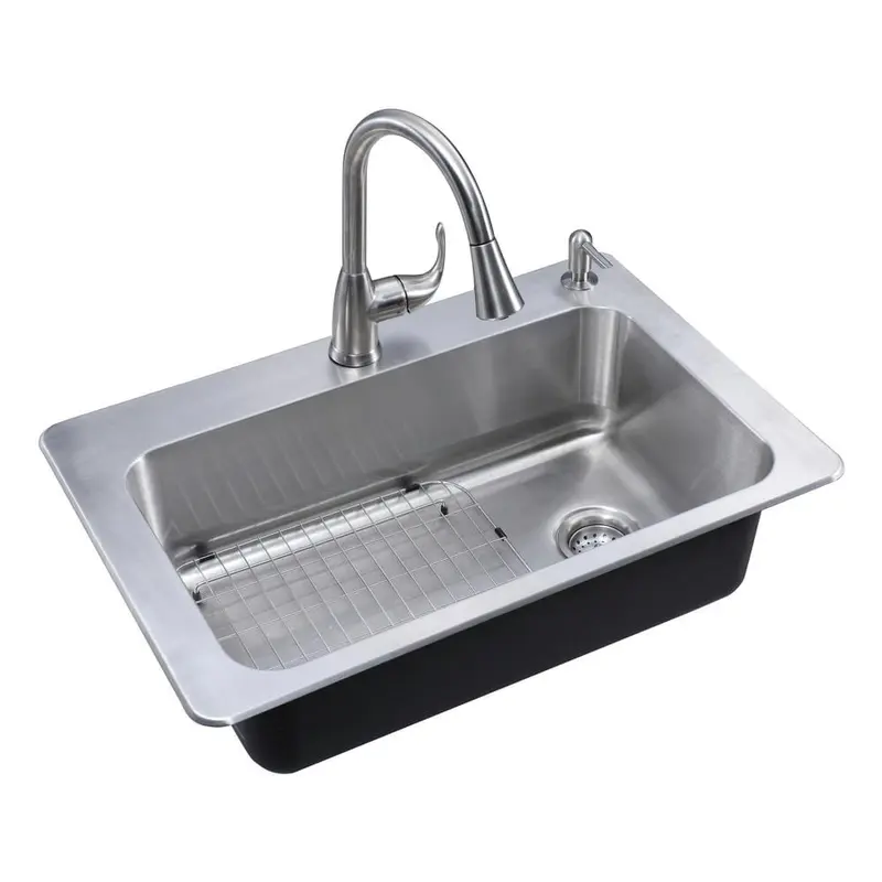 All-in-One Dual Mount Stainless Steel 33 in. 2-Hole Single Bowl Kitchen Sink in Brushed with Faucet
