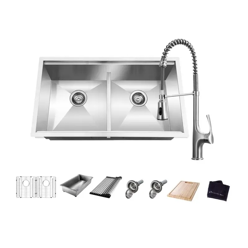 All-in-One Undermount Stainless Steel 33 in. 50/50 Double Bowl Workstation Kitchen Sink with Faucet and AccessoriesBrushed Stainless Steel / Sink, Faucet, and Accessories / 47.3