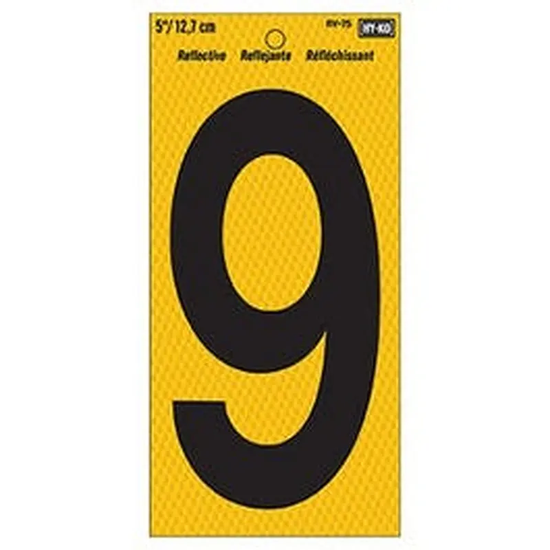 Address Number, Reflective Yellow & Black, 5-In., "9"