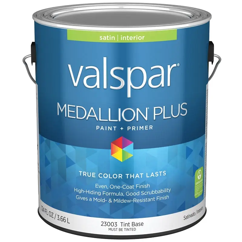 Valspar Medallion Plus 2300 028.0023003.007 Latex Paint, Acrylic Base, Satin Sheen, Tint Base, 1 gal, Plastic Can