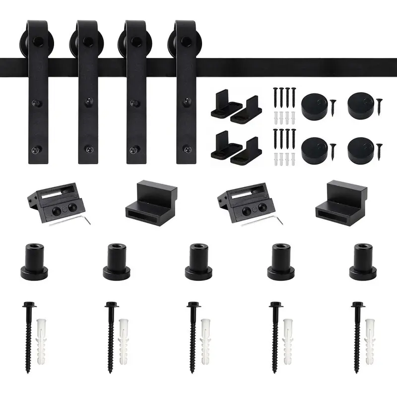72 in. Frosted Black Sliding Barn Door Hardware Track Kit for Double Doors with Non-Routed Floor Guide