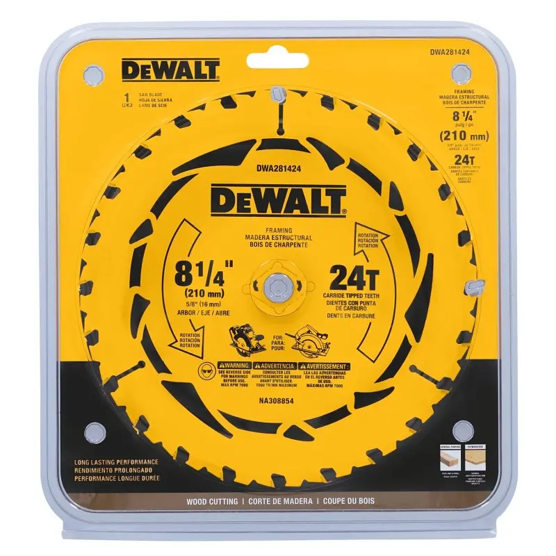DeWALT DWA181424 Circular Saw Blade, 8-1/4 in Dia, 5/8 in Arbor, 24-Teeth, Tungsten Carbide Cutting Edge