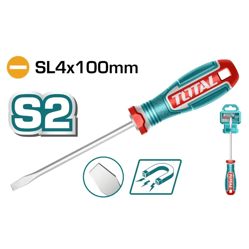 Flat Head Screwdriver SL4x100mm Magnetic Tip Soft Handle S2 Blade Material