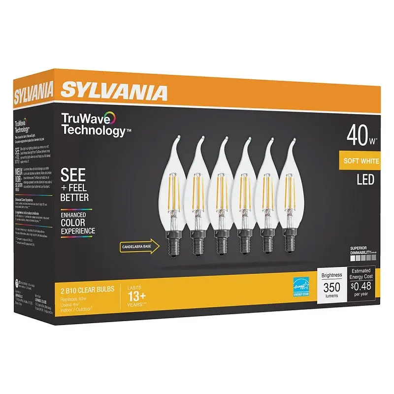 Sylvania Natural 41319 LED Bulb, B10 Lamp, 40 W Equivalent, E12 Candelabra Lamp Base, Dimmable, Clear