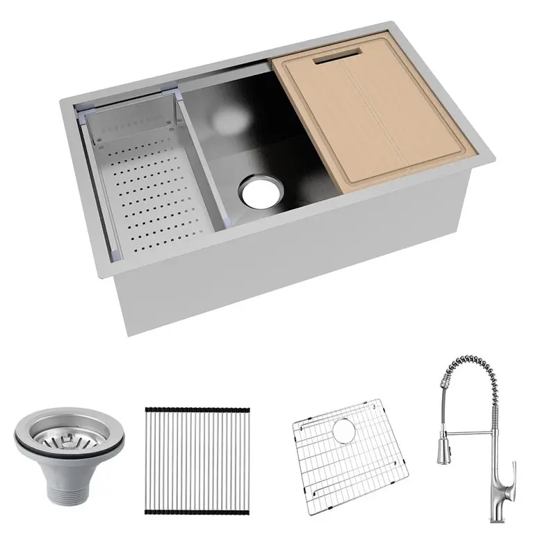 All-in-One Undermount Stainless Steel 32 in. Single Bowl Kitchen Workstation Sink with Faucet and Accessories KitStainless Steel / Sink and Accessories / 49.2