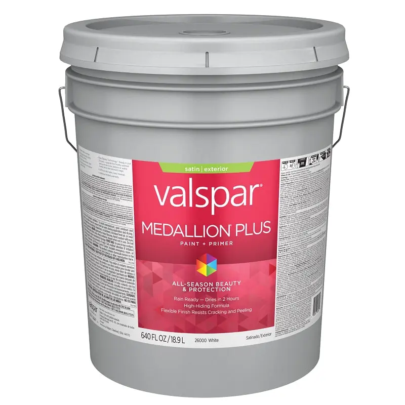 Valspar Medallion Plus 2600 028.0026000.008 Latex Paint, Acrylic Base, Satin Sheen, White Base, 5 gal, Plastic Pail