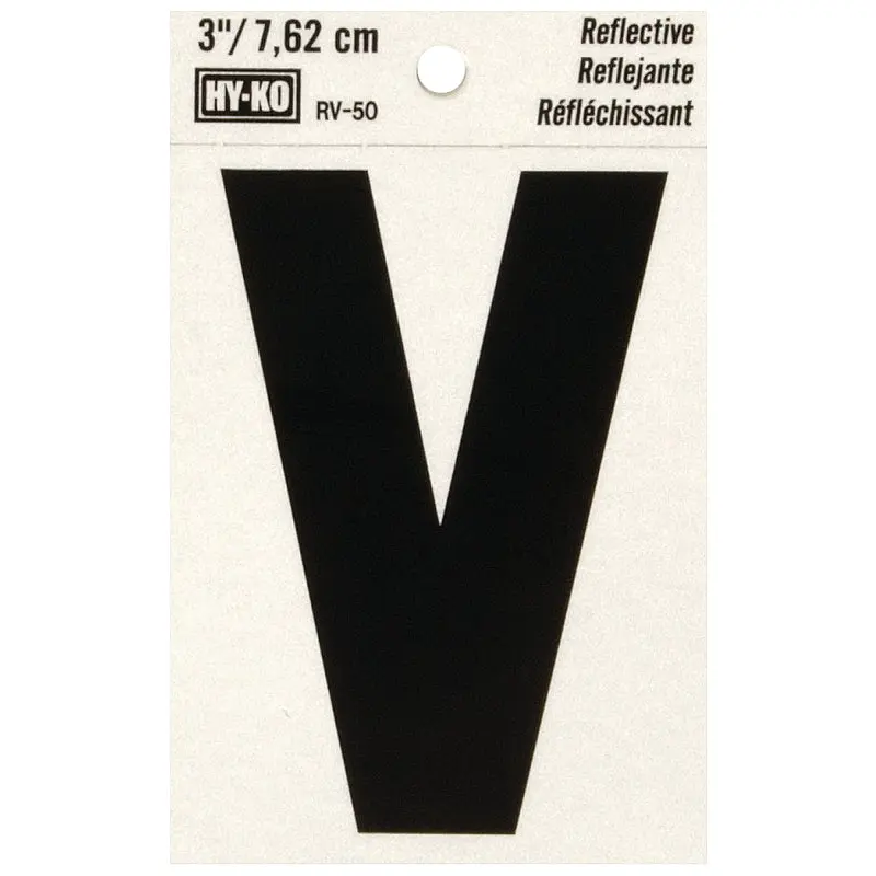 Hy-Ko RV-50/V Reflective Letter, Character: V, 3 in H Character, Black Character, Silver Background, Vinyl