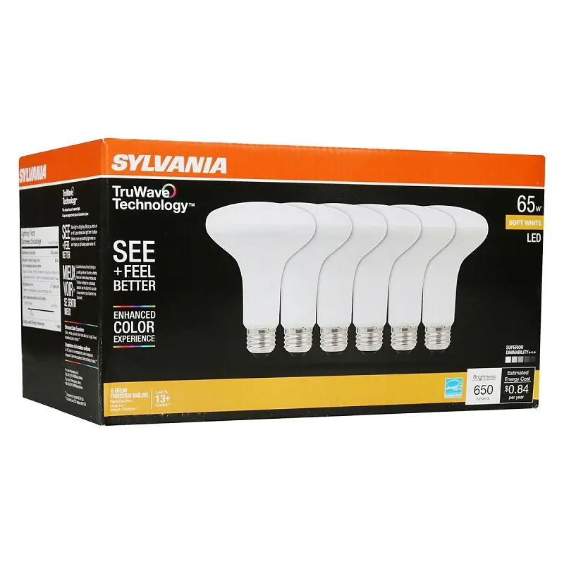 Sylvania Natural 41328 LED Bulb, BR30 Lamp, 65 W Equivalent, E26 Medium Lamp Base, Dimmable, Frosted