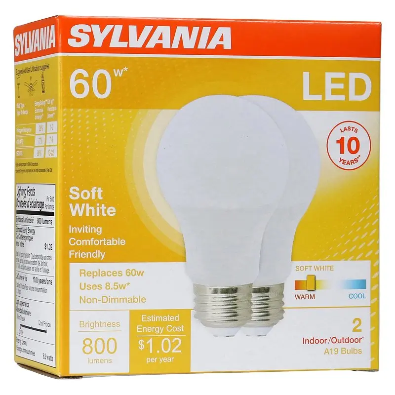 Sylvania 73886 LED Bulb, General Purpose, A19 Lamp, 60 W Equivalent, E26 Lamp Base, Frosted, Warm White Light