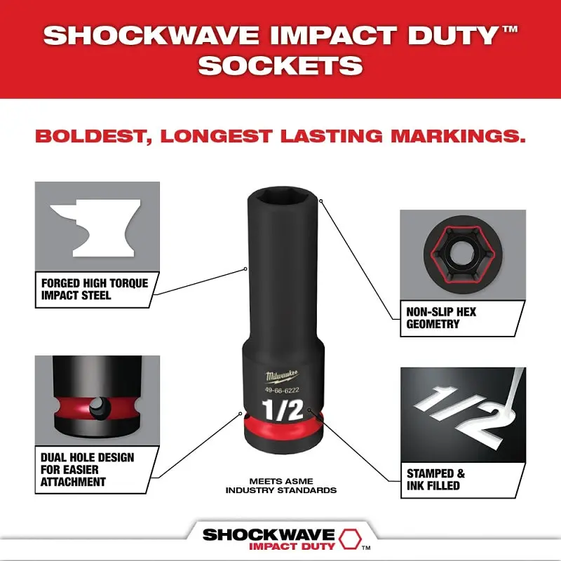 Milwaukee SHOCKWAVE Impact Duty Series 49-66-6804 Socket Set, Chrome Molybdenum Steel, Specifications: 1/2 in Drive