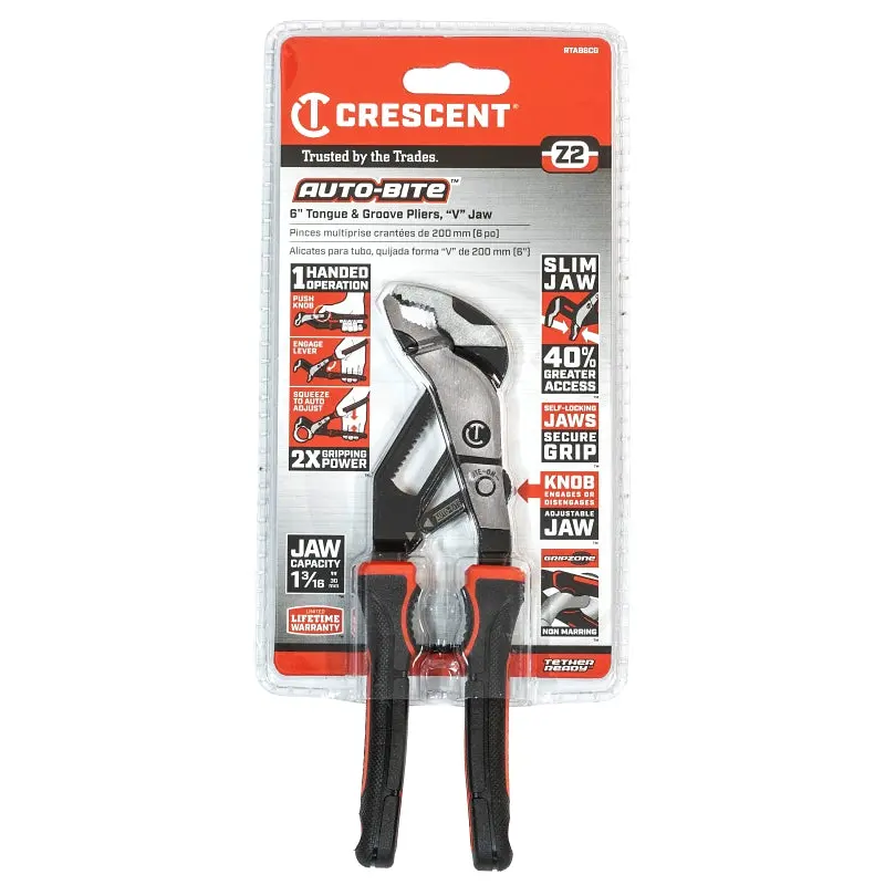 Crescent Z2 Auto-Bite Series RTAB6CG Tongue and Groove Plier, 6.9 in OAL, 1-1/4 in Jaw, Self-Locking Adjustment