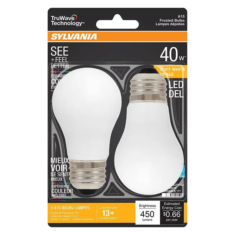 Sylvania 40762 Natural LED Bulb, General Purpose, A15 Lamp, 40 W Equivalent, E26 Lamp Base, Dimmable, Frosted