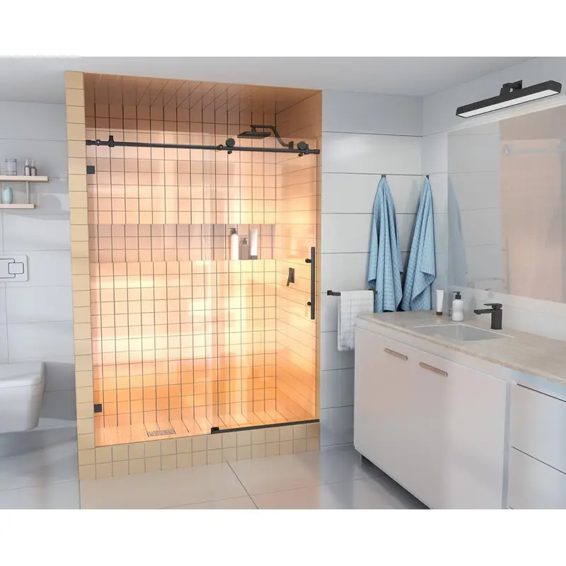 60 in. - 64 in. x 78 in. Frameless Sliding Shower Door in Matte Black with HandleChrome / Clear / 186