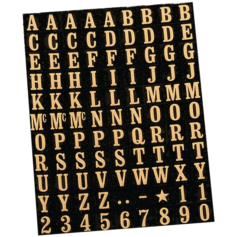 Hy-Ko MM-1 Packaged Number and Letter Set, 5/16 in H Character, Gold Character, Black Background, Mylar