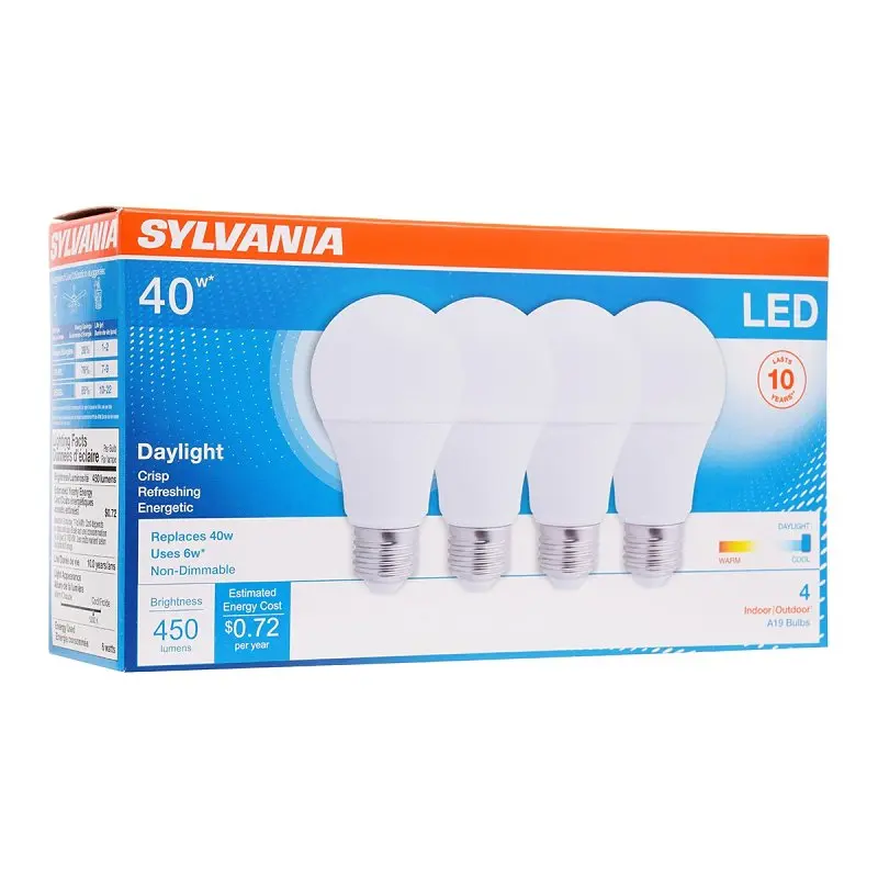 Sylvania 74084 LED Bulb, General Purpose, A19 Lamp, 40 W Equivalent, E26 Lamp Base, Frosted, Bright White Light