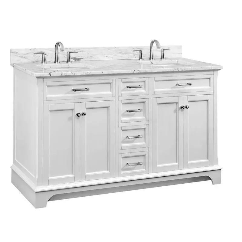 allen   roth Roveland 60-in White Double Sink Bathroom Vanity with Natural Carrara Marble Top