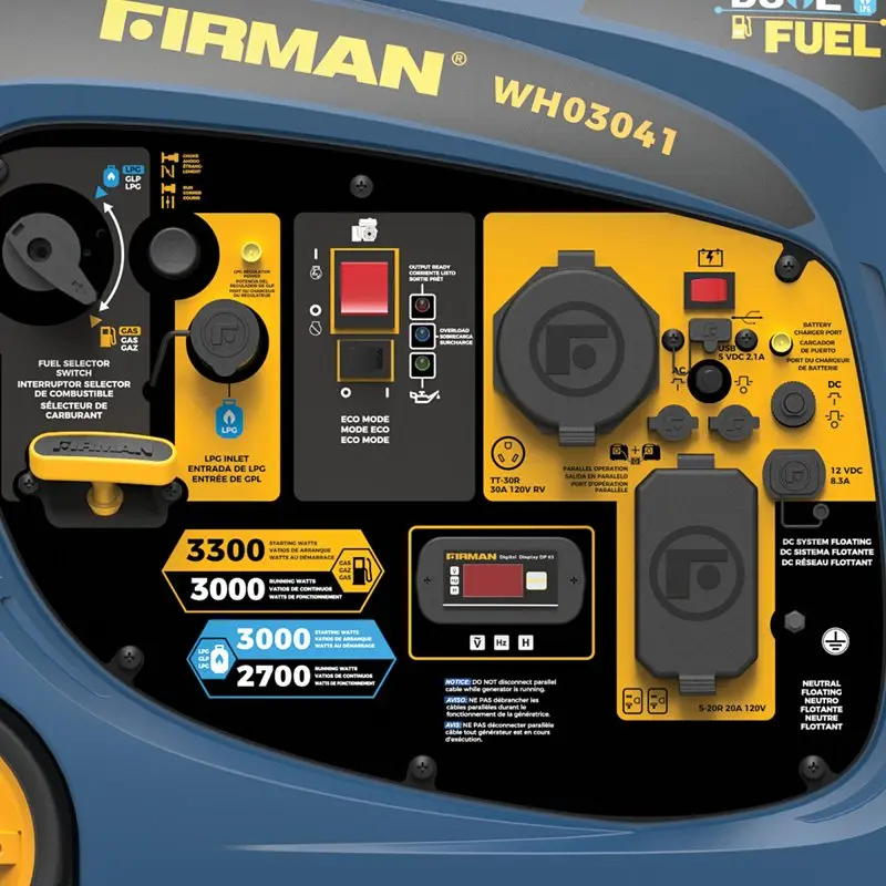 Firman WH03041 Portable Generator, 30 A, 120 VAC, Gasoline, LPG, 1.8 gal Tank, 9 hr Run Time, Recoil Start