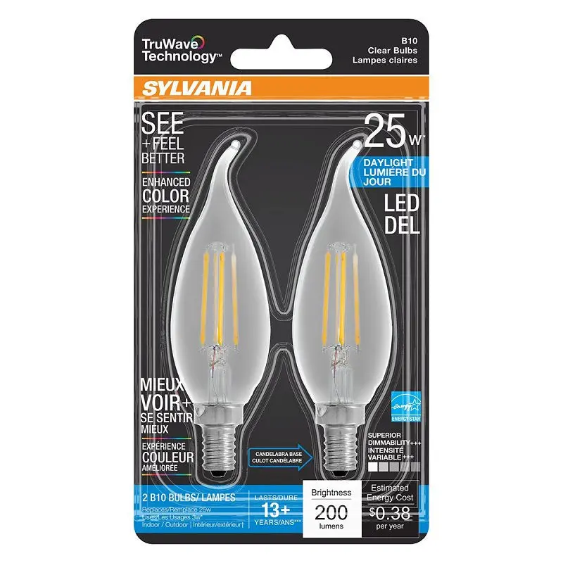 Sylvania 40855 Natural LED Bulb, Decorative, B10 Bent Tip Lamp, 25 W Equivalent, E12 Lamp Base, Dimmable, Clear