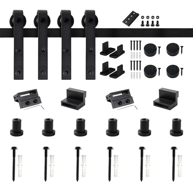 90 in. Frosted Black Sliding Barn Door Hardware Track Kit for Double Doors with Non-Routed Floor Guide