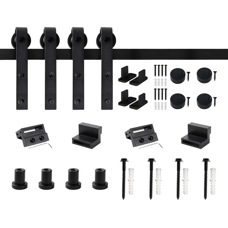 60 in. Frosted Black Sliding Barn Door Hardware Track Kit for Double Doors with Non-Routed Floor Guide