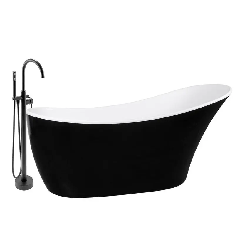 59 in. Glossy Black Fiberglass Non-Whirlpool Bathtub with Tub Filler Combo - Modern Flatbottom Stand Alone Tub